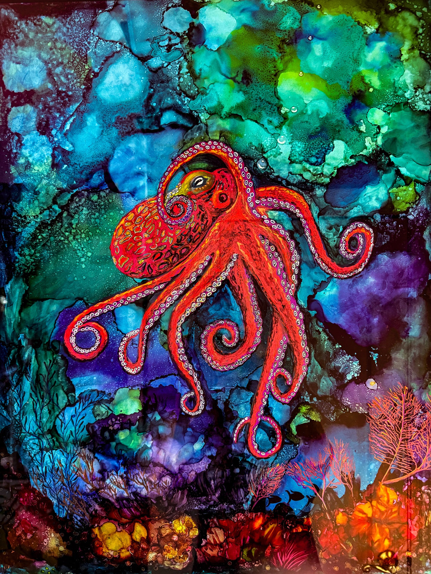 The Devoted Mother (Red Octopus) -Original Alcohol Ink Painting