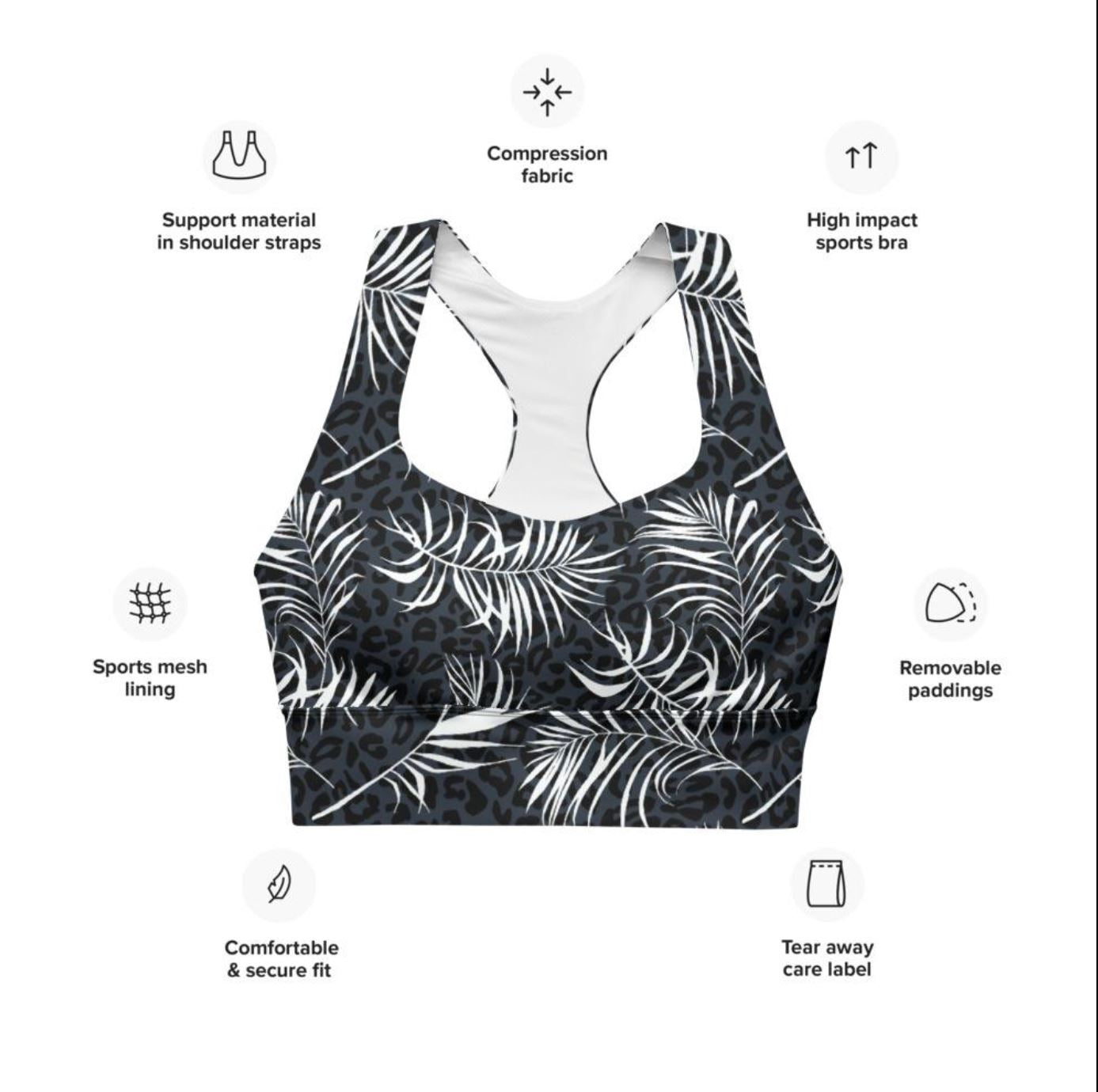 Longline Max Support Compression Sports bra- Palm Frond