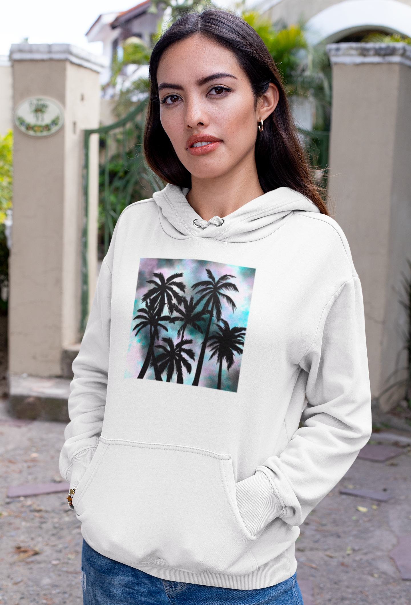 Ladies Hoodie with Fleece Interior-Tie Dye Palm