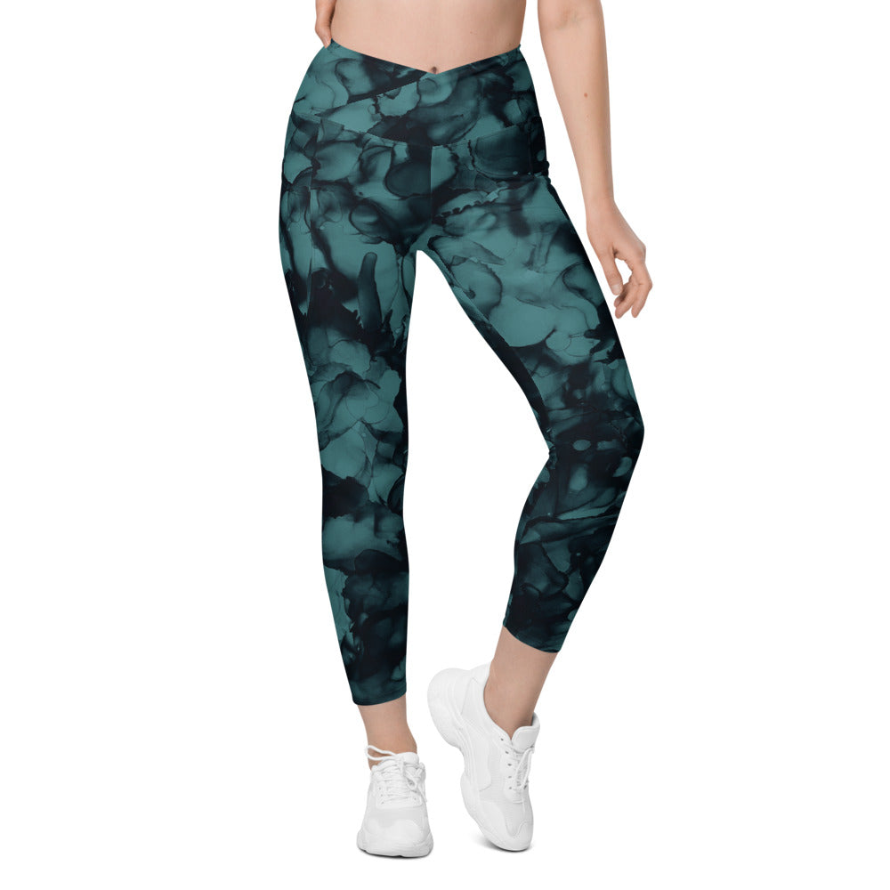 Crossover leggings with Side pockets-Teal Ink