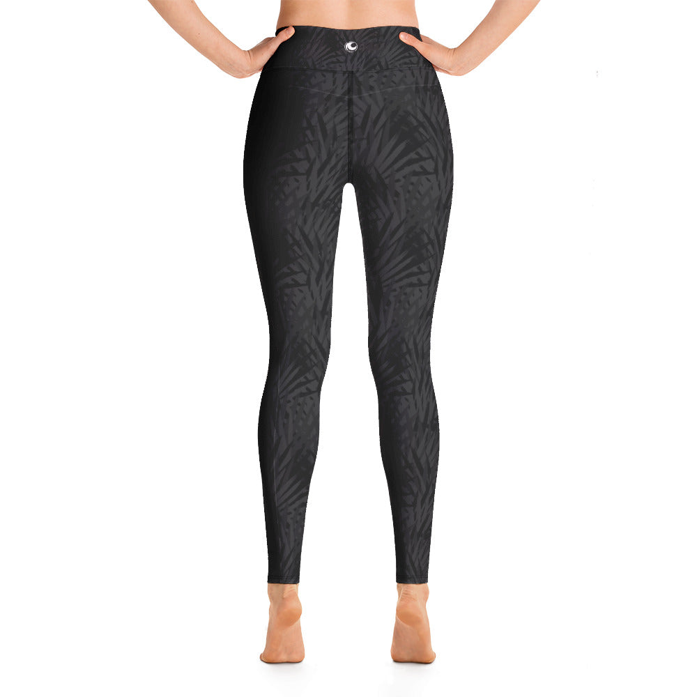 High Waist Yoga Leggings-Black Palm Leaf
