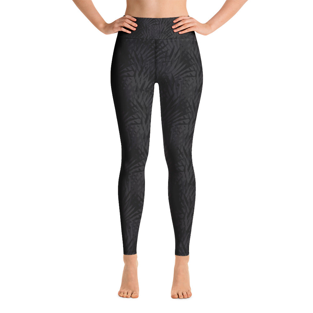 High Waist Yoga Leggings-Black Palm Leaf