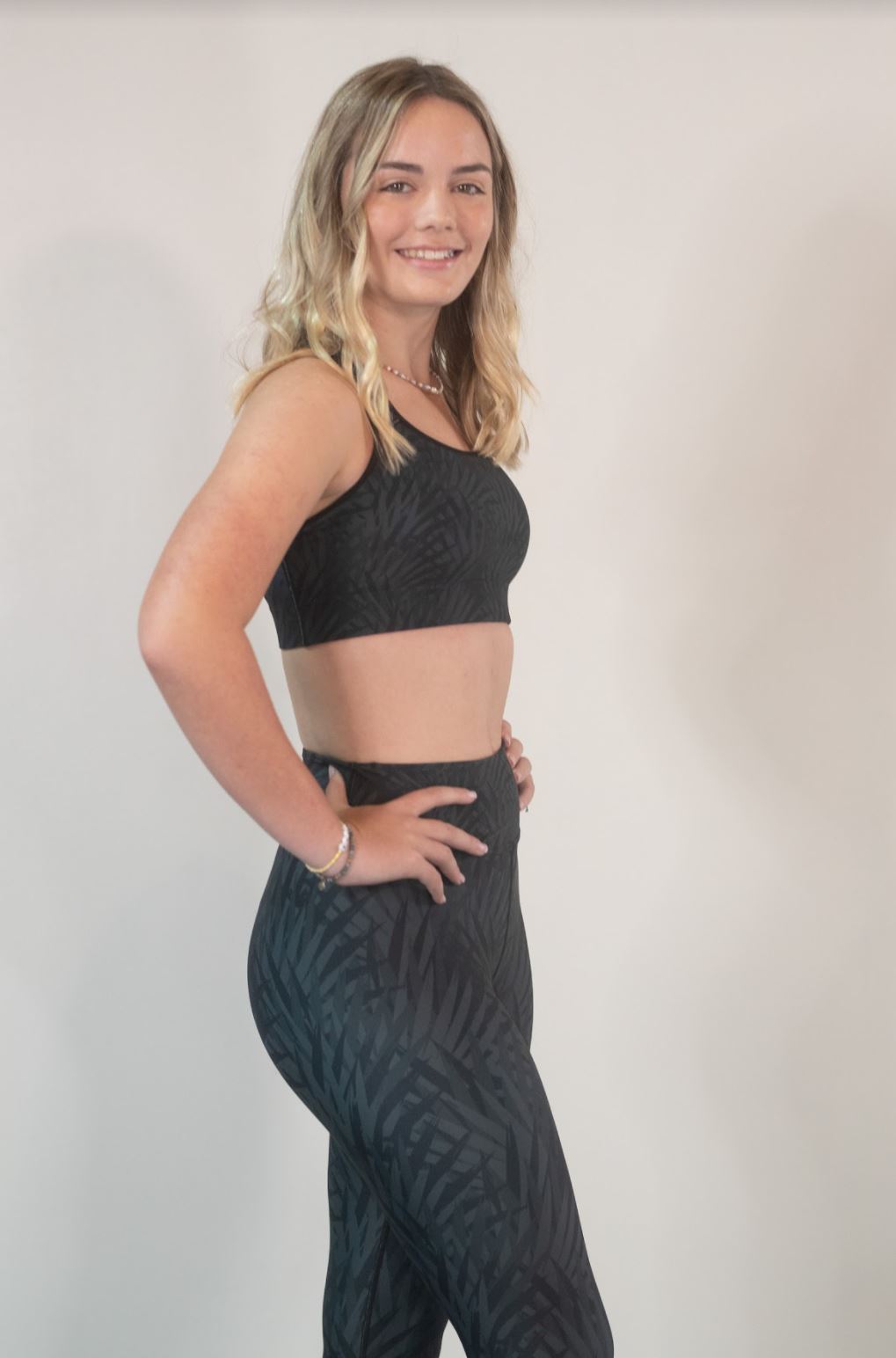 High Waist Yoga Leggings-Black Palm Leaf
