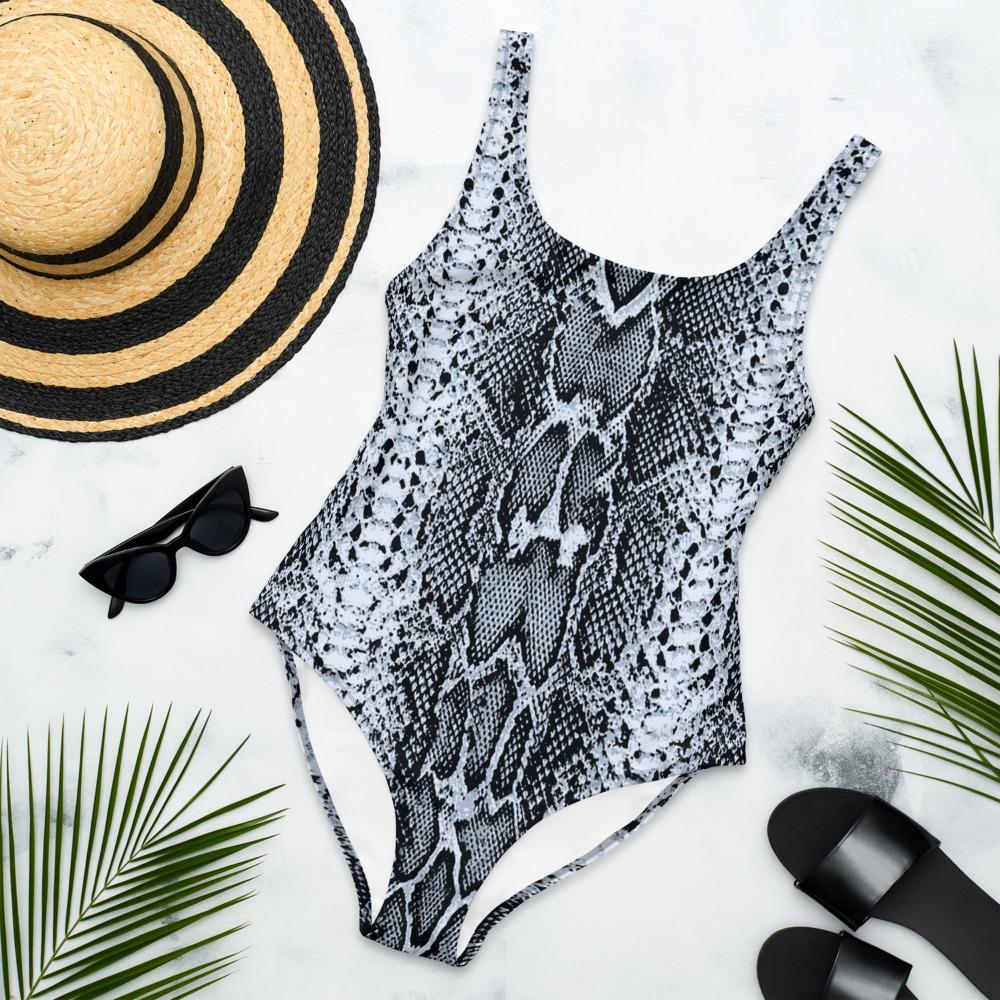 Blue Grey-Snakeskin print One-Piece Swimsuit-TaraHuntDesigns