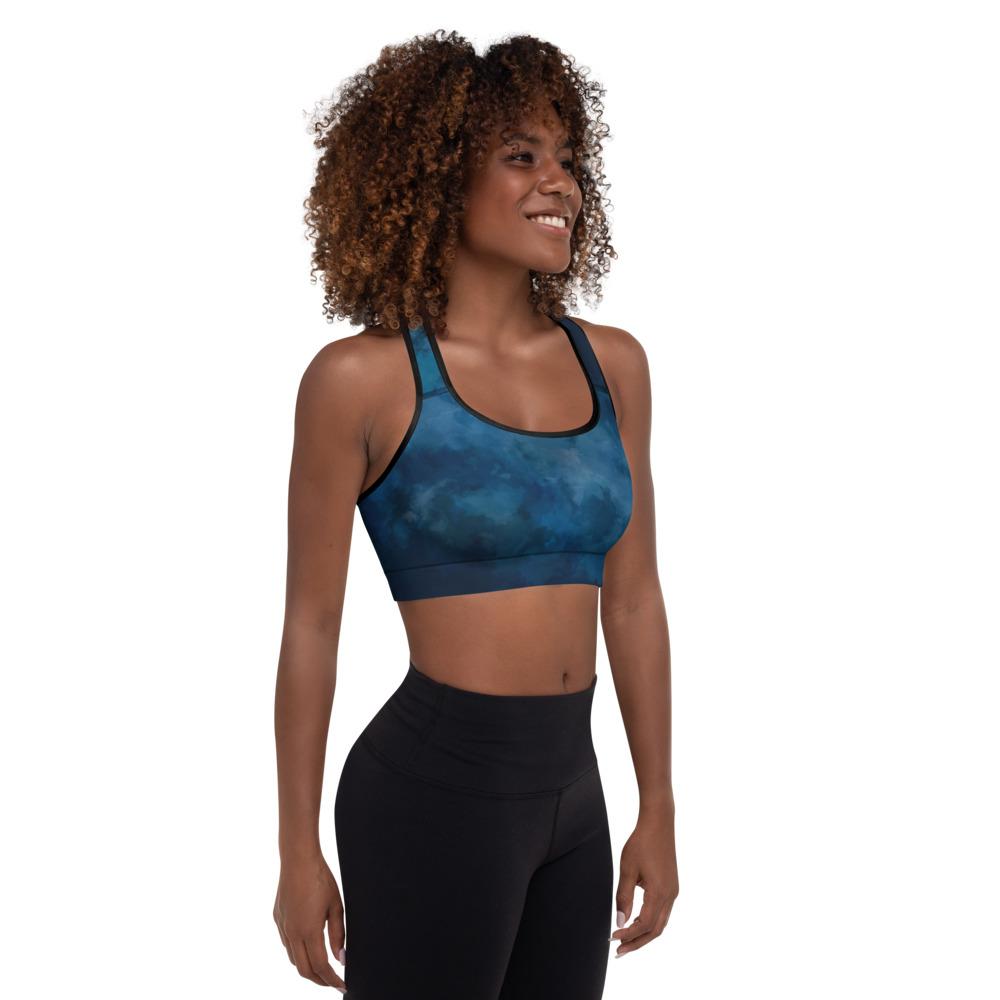 Ladies High Support Padded Sports Bra-Navy Watercolor-Leggings-TaraHuntDesigns