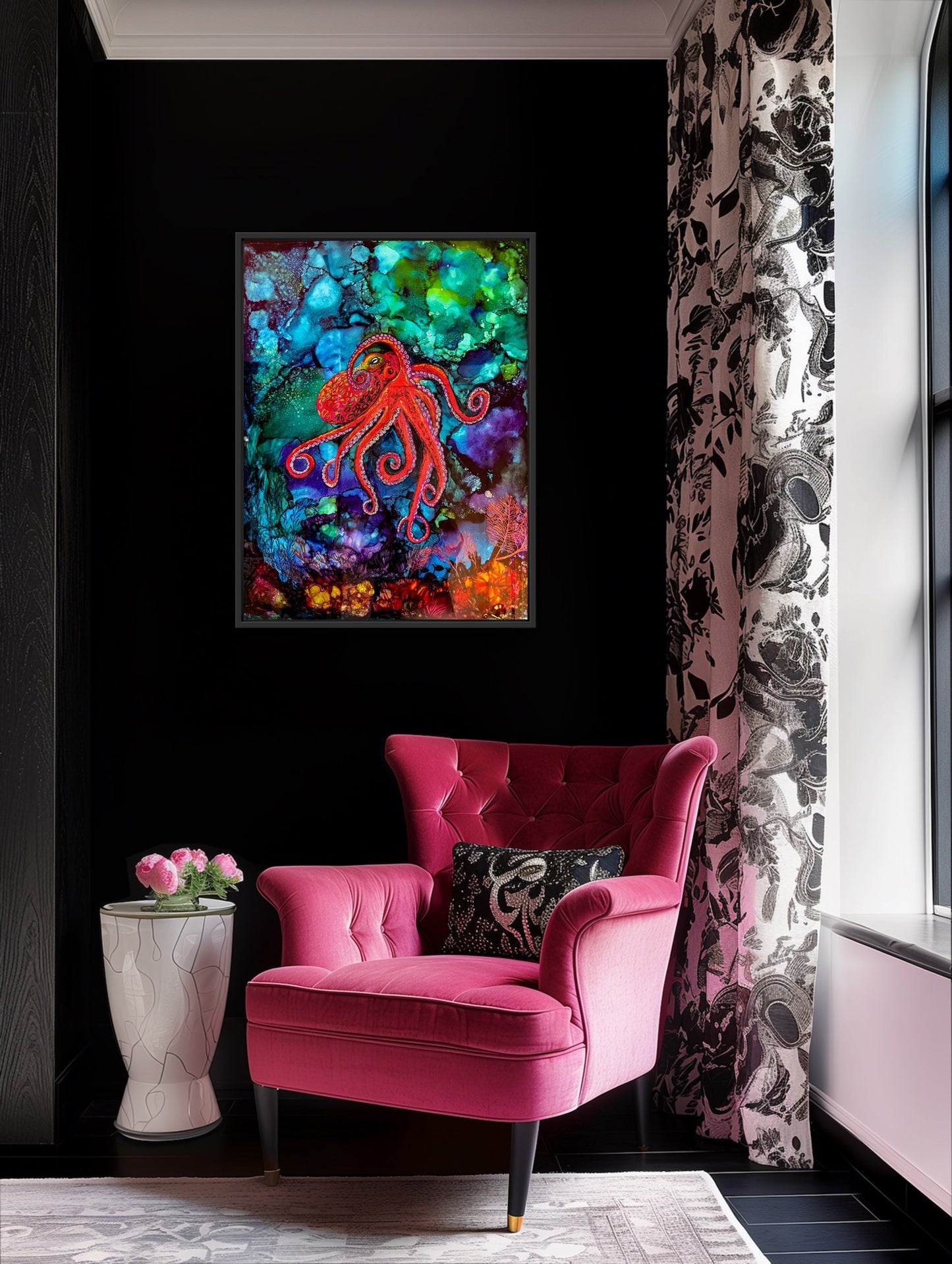 Red Octopus Mother -Original Fluid Ink Painting