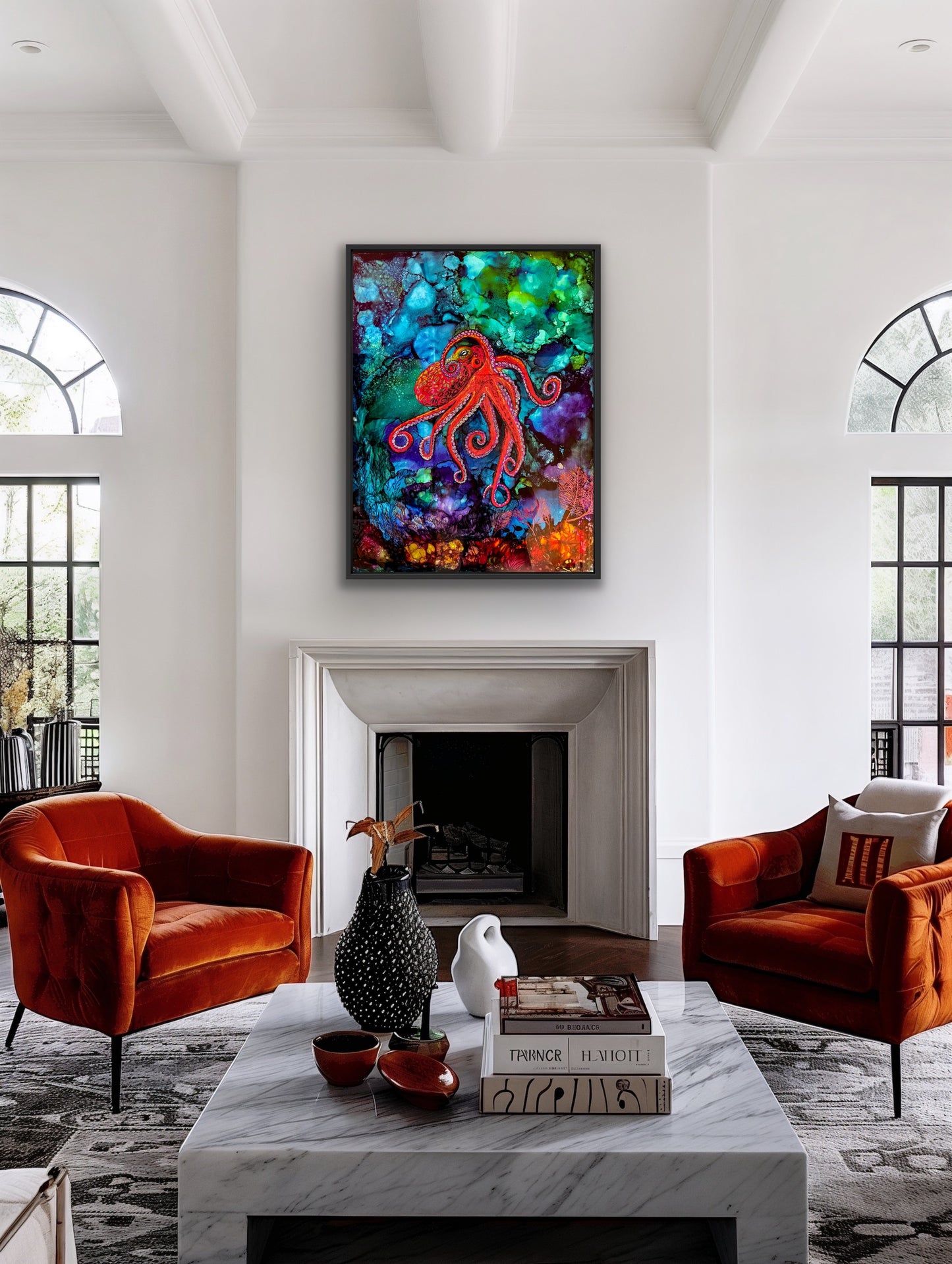 Red Octopus Mother -Original Fluid Ink Painting