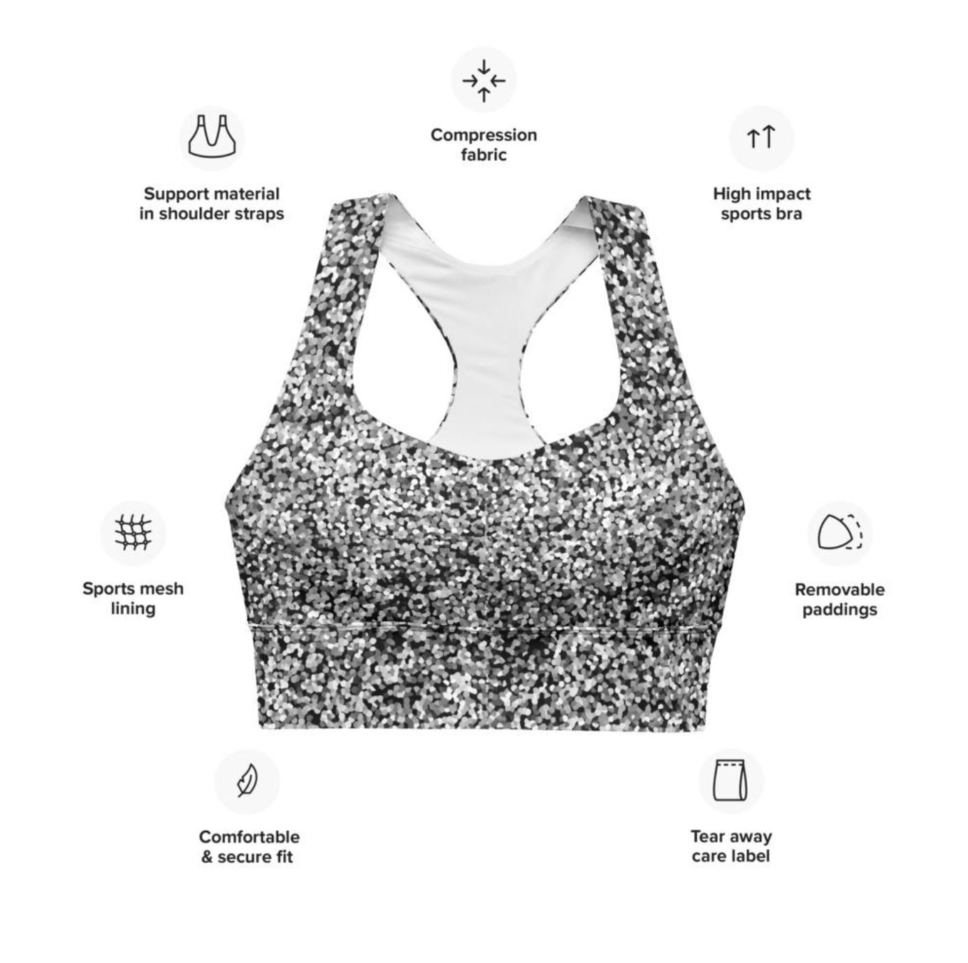 Longline Max Support Compression Sports bra-Black and White Dot