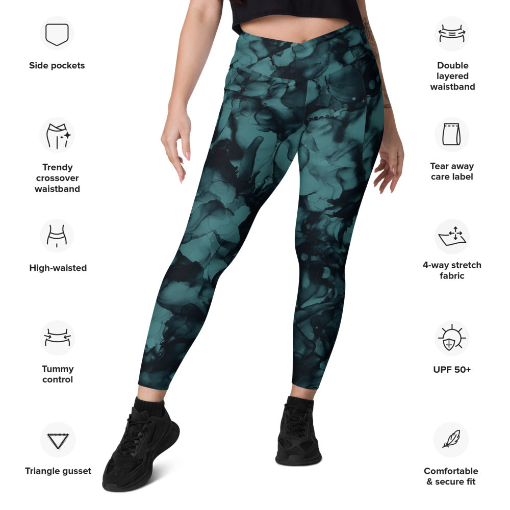 Crossover leggings with Side pockets-Teal Ink
