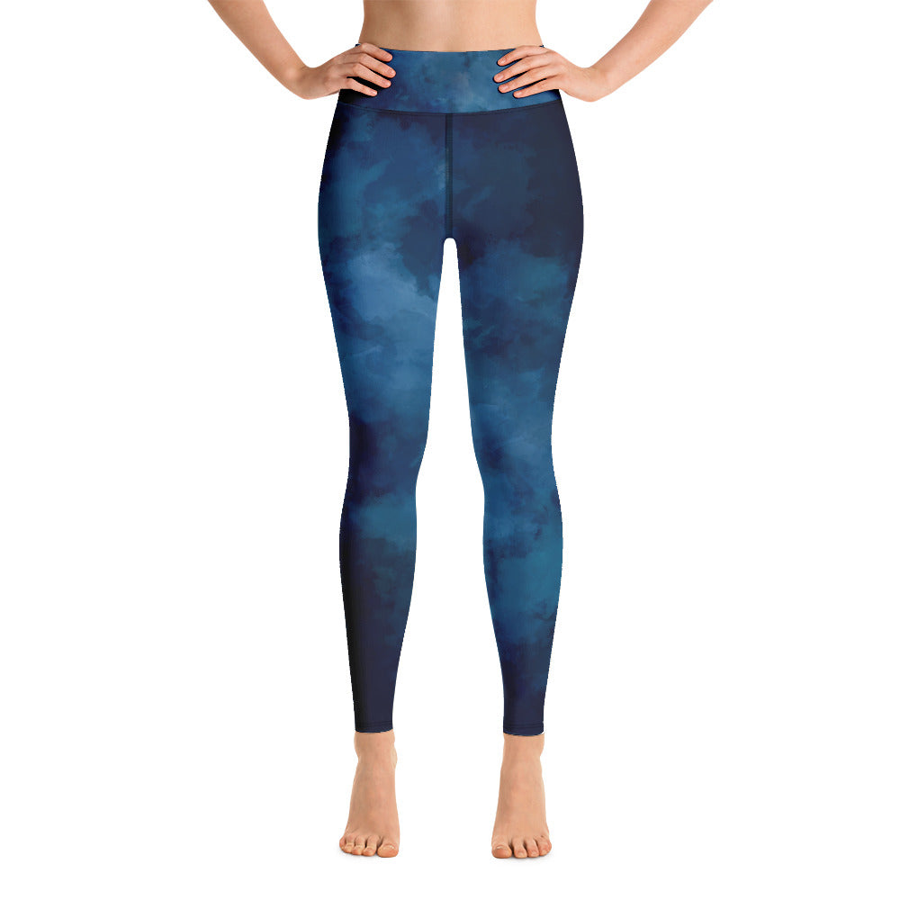 High waist Yoga leggings-Blue Watercolor Print
