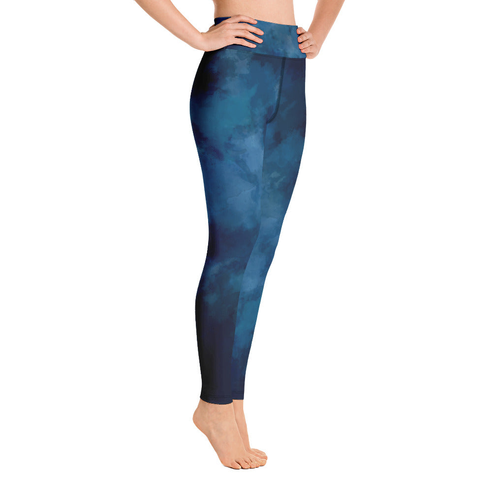 High waist Yoga leggings-Blue Watercolor Print