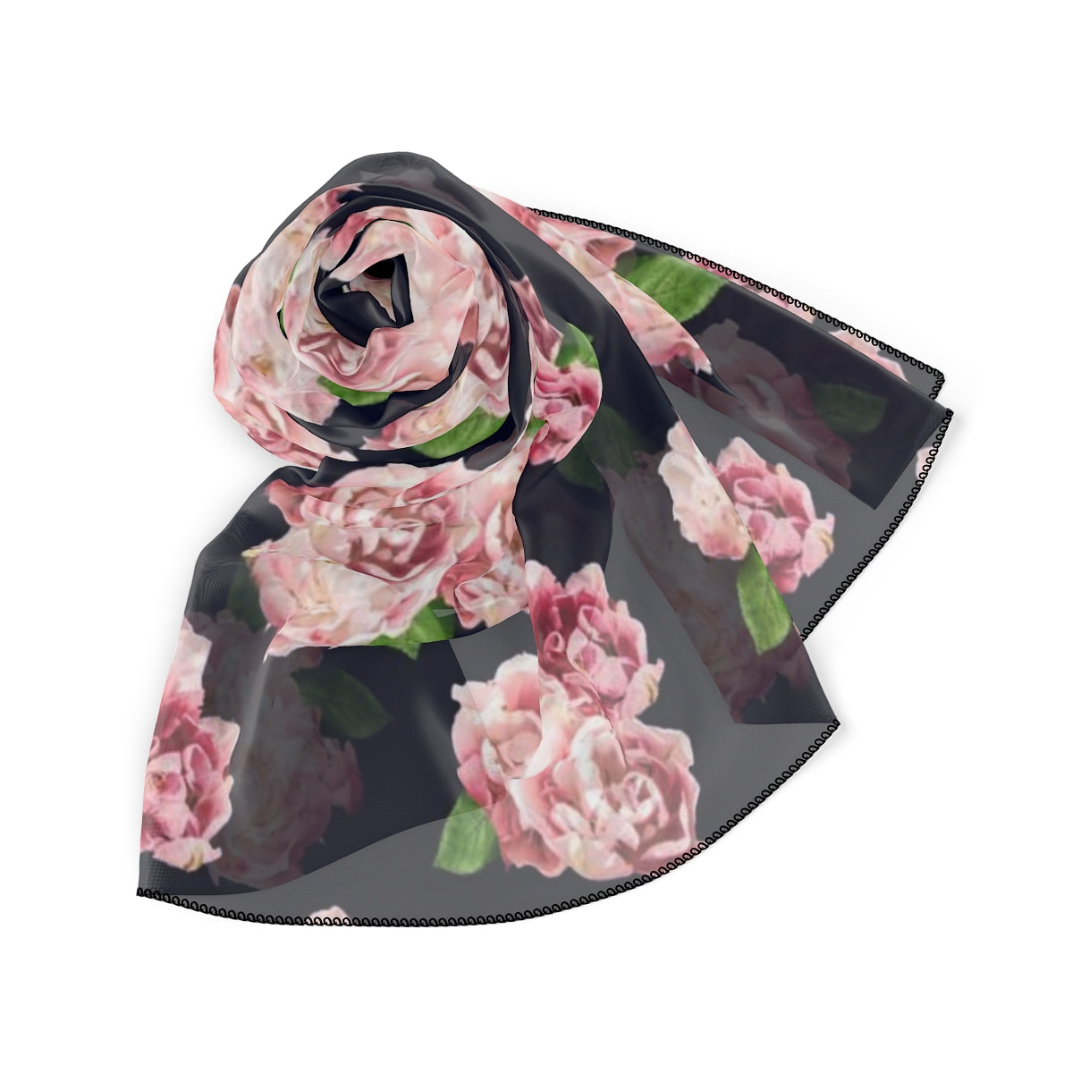 Poly Scarf-Roses on navy blue